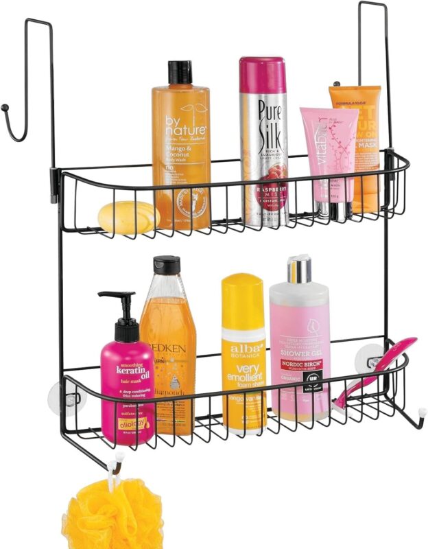 Hanging Storage Organizer with Built-in Hooks and Baskets on 2 Levels for Shampoo, Body Wash, Loofahs, Rust Resistant - Matte Black