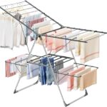 Clothes Drying Rack Foldable, 2-Level Large Laundry Drying Rack Collapsible, Stainless Steel Drying Rack Clothing for Indoor Outdoor, Easy to Fold, 33 Drying Rails, 142cm, Gray