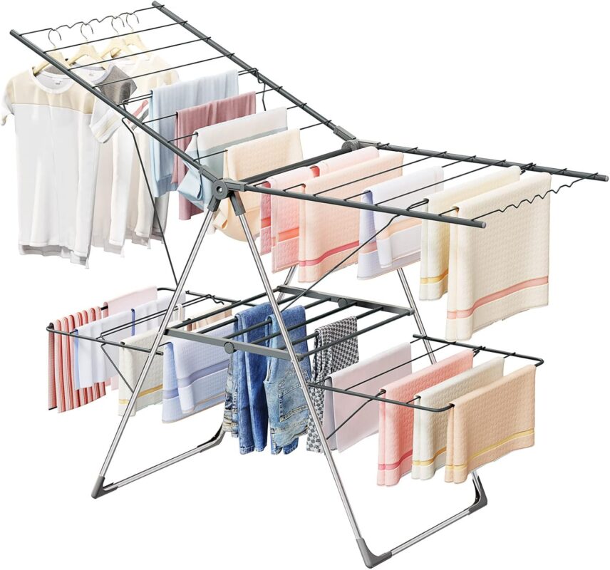 Clothes Drying Rack Foldable, 2-Level Large Laundry Drying Rack Collapsible, Stainless Steel Drying Rack Clothing for Indoor Outdoor, Easy to Fold, 33 Drying Rails, 142cm, Gray