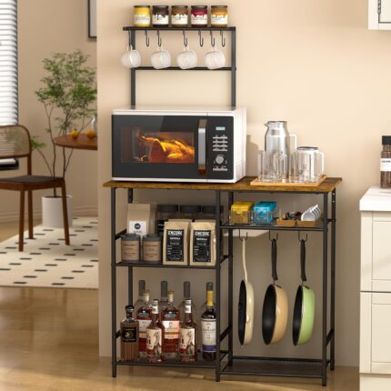 Kitchen Stand with 10 S Hooks, 6-Tier Coffee Bar Station, Kitchen Shelves for Spices, Pots, Rustic Brown