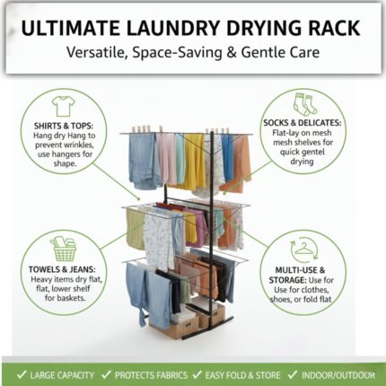 Heavy Duty 3-Tier Foldable Cloth Drying Stand with 24 Rods & 5 Hooks | Mild Steel Indoor/Outdoor Laundry Drying Rack 