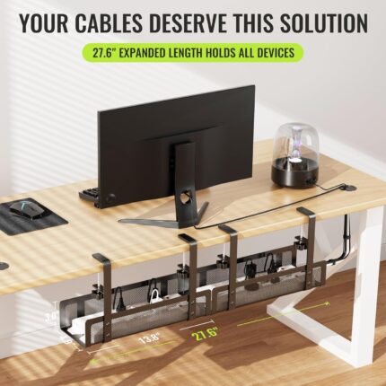 [Upgraded] 2 Pack Cable Management Under Desk Tray, 27.6" No Drill Open Slots Cable Management Tray, Cord Wire Organizer Box with Clamp
