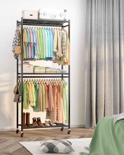 Clothes Rack - 28.0" x 12" x 72" Clothing Rack with Shelves & Wheels,